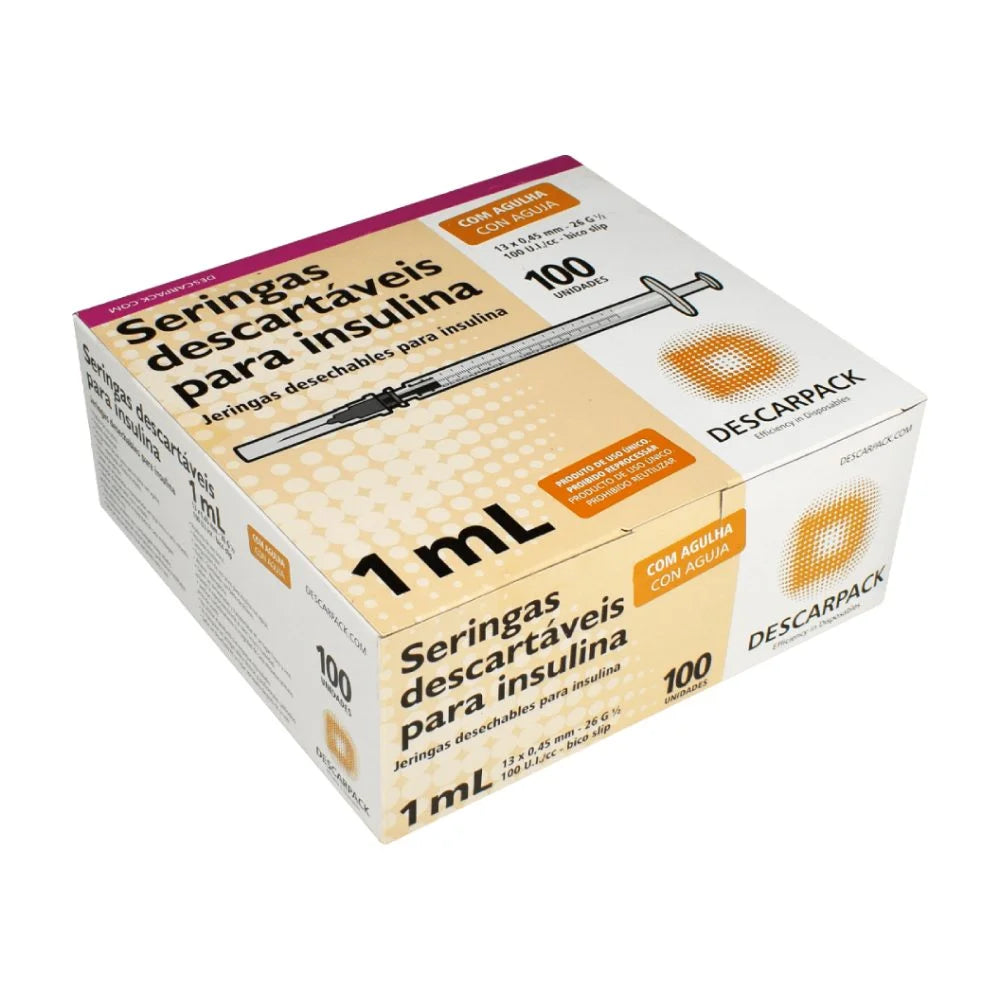Seringa de Insulina 1ml com Agulha 13 X 0,45mm 26g Descarpack com 100 Unidades