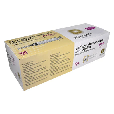 Seringa com Agulha Slip 10ml Descartável com 100 Unidades