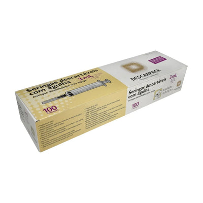 Seringa Hipodérmica 3ml com Agulha 25 X 0,70mm Descarpack com 100 Unidades