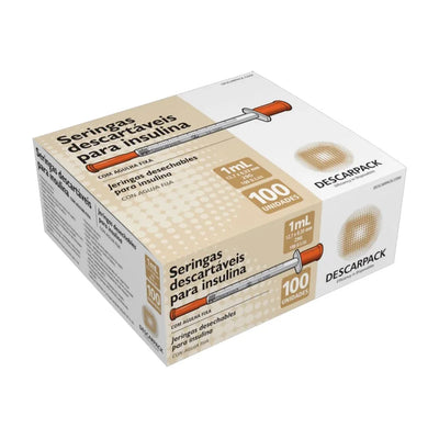 Seringa de Insulina 1ml com Agulha Fixa 12,7 X 0,33mm 29g Descarpack com 100 Unidades