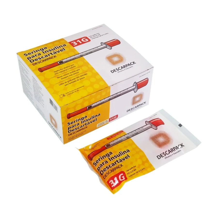 Seringa de Insulina 1ml com Agulha Fixa Ultrafina 6,0 X 0,25mm 31g Descarpack com 100 Unidades