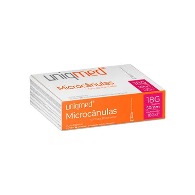Microcânulas Uniqmed - 18G (1.25mm) x 50mm - Caixa com 24 unidades - Com Agulha Auxiliar