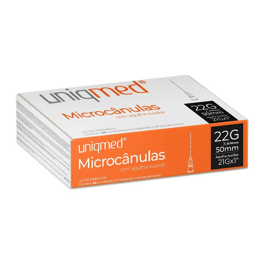 Microcânulas Uniqmed - 22G (0.70mm) x 50mm - Caixa com 24 unidades - Com Agulha Auxiliar