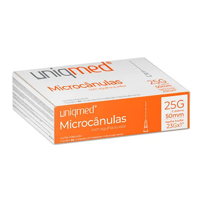 Microcânulas Uniqmed - 25G (0.50mm) x 50mm - Caixa com 24 unidades - Com Agulha Auxiliar